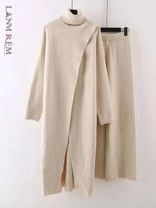 LANMREM Split Long High Neck Sweaters With Wide Leg Pants 2 Pieces Knitted Thickened Sets Female Loose Clothing Autumn 2DA1621